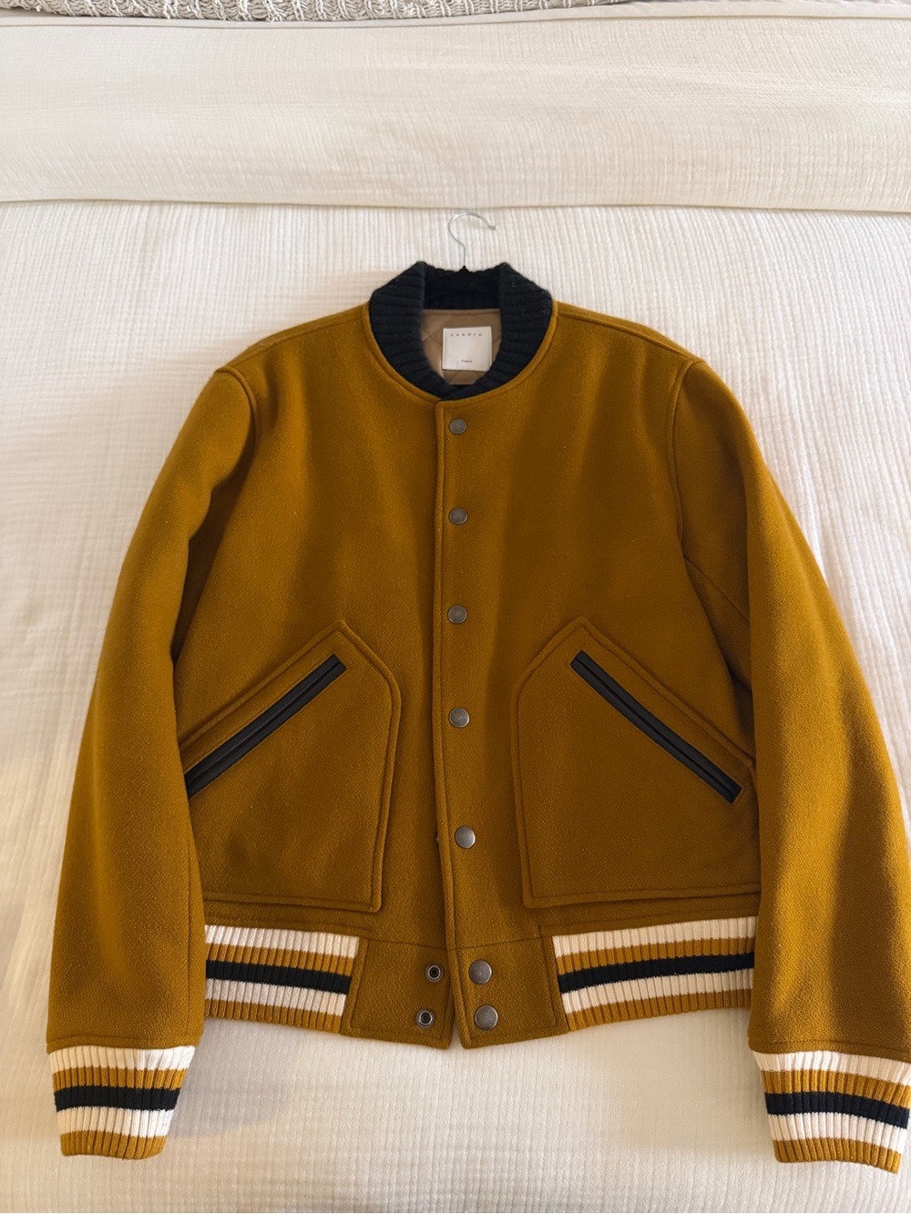 Sandro Mustard Wool Bomber Jacket with Black Trim